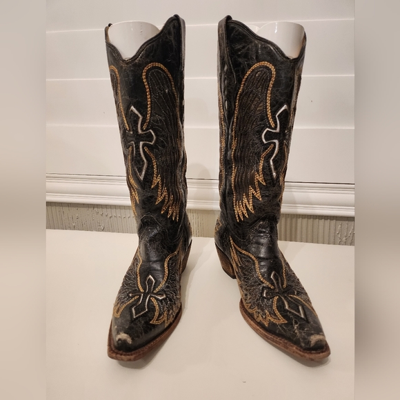 Corral Vintage Cross & Wings Snip Toe Cowboy Boots Women's Sz 7 Black Western - Picture 2 of 8